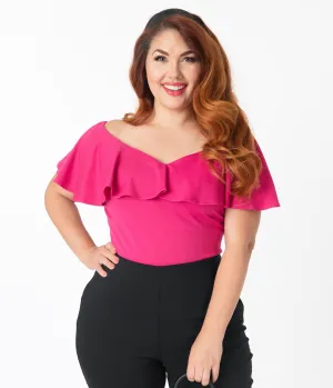 Unique Vintage Plus Size Hot Pink Off Shoulder Ruffle Frenchie Top