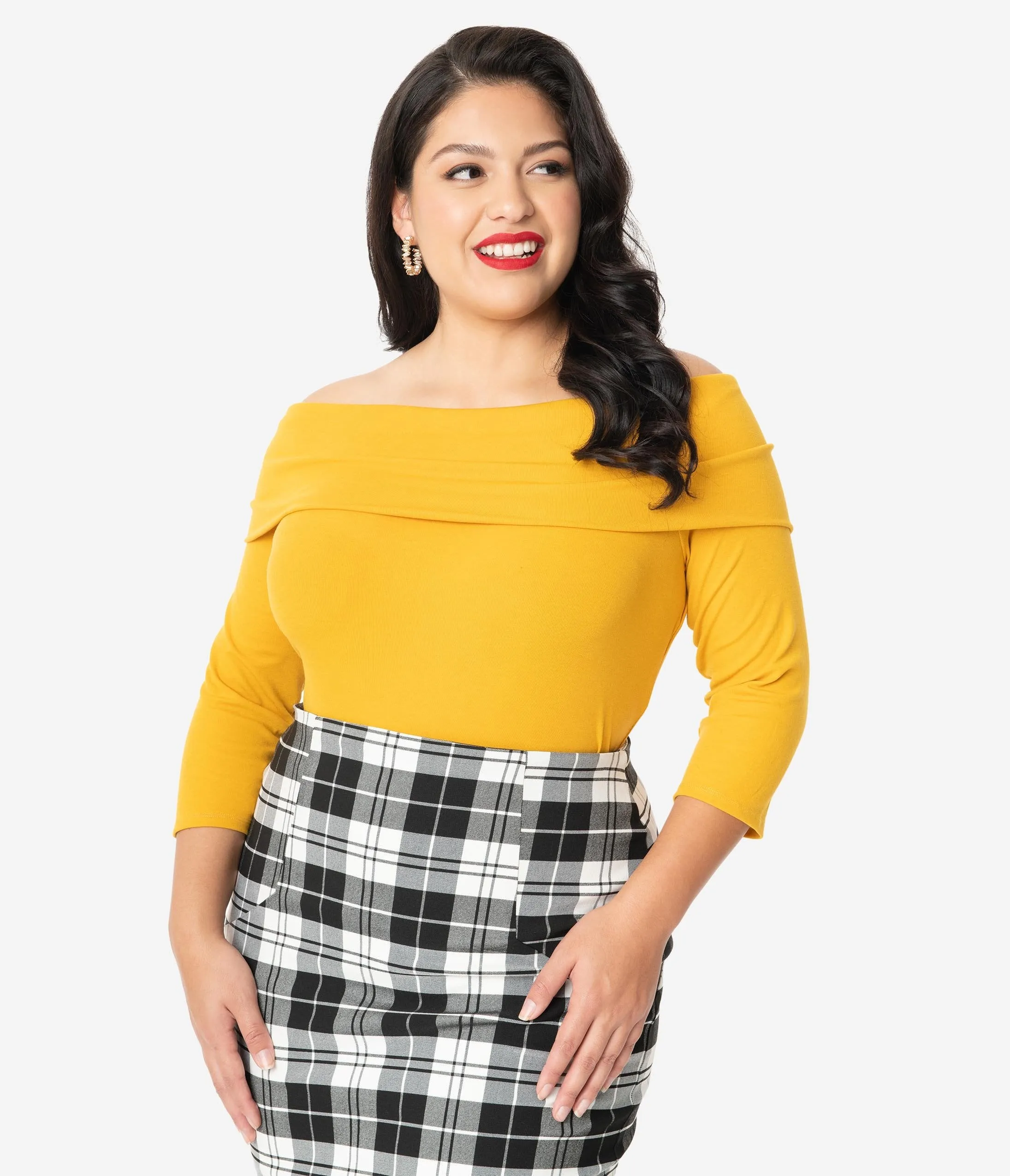 Unique Vintage Plus Size Mustard Off Shoulder Cowl Nina Top