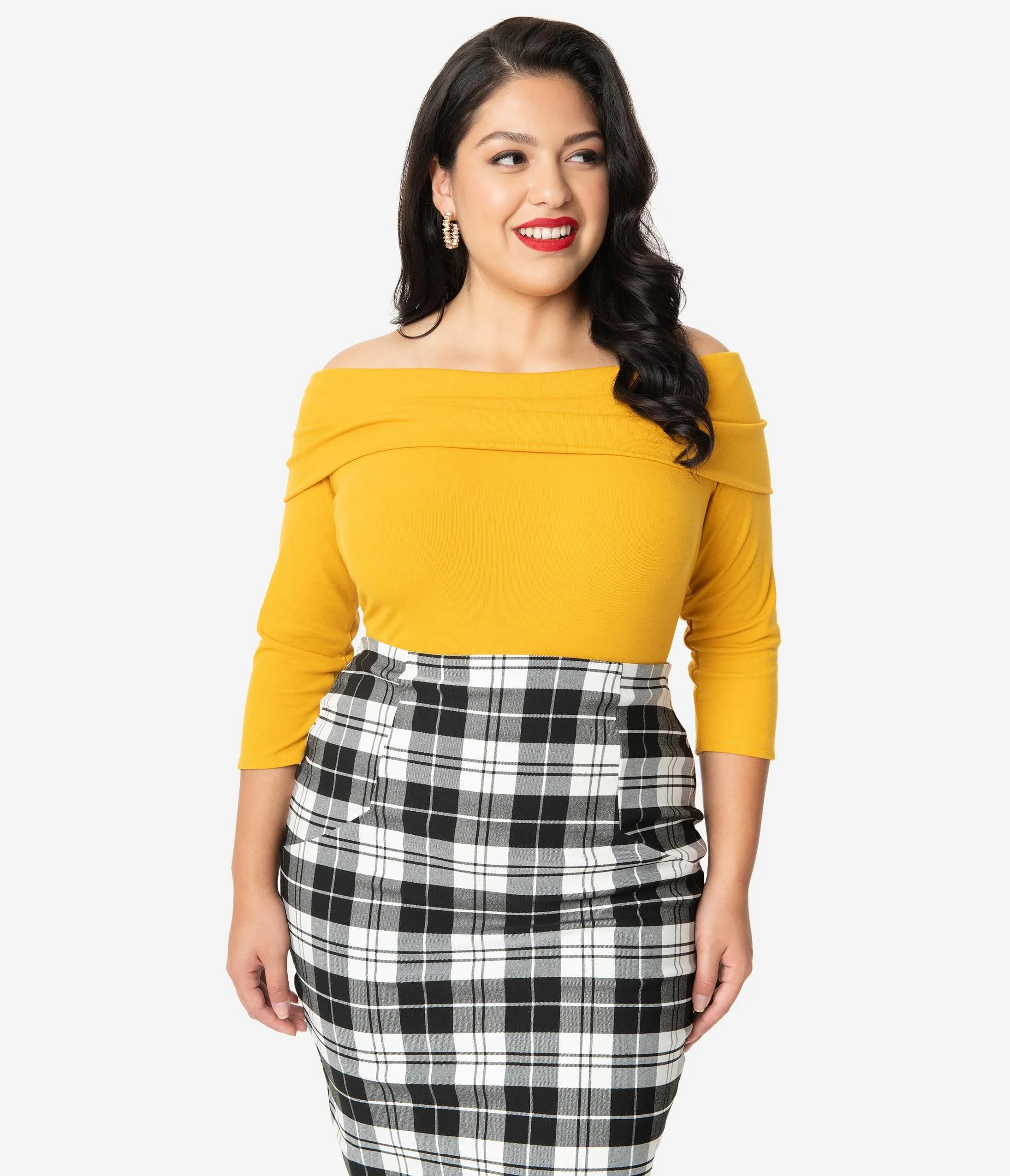 Unique Vintage Plus Size Mustard Off Shoulder Cowl Nina Top