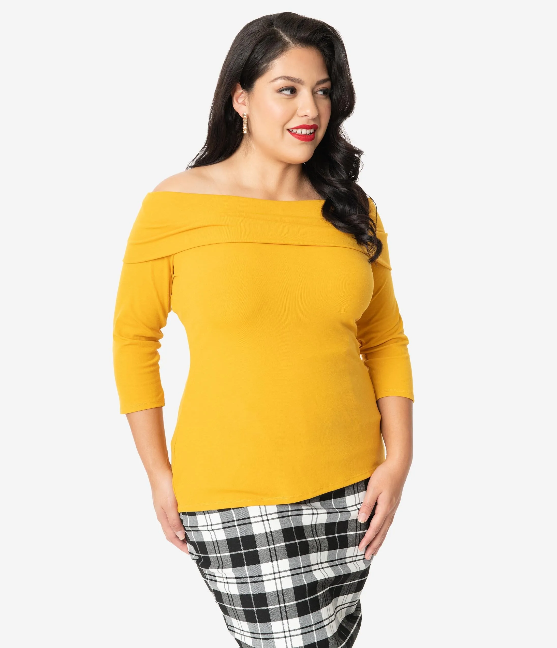 Unique Vintage Plus Size Mustard Off Shoulder Cowl Nina Top