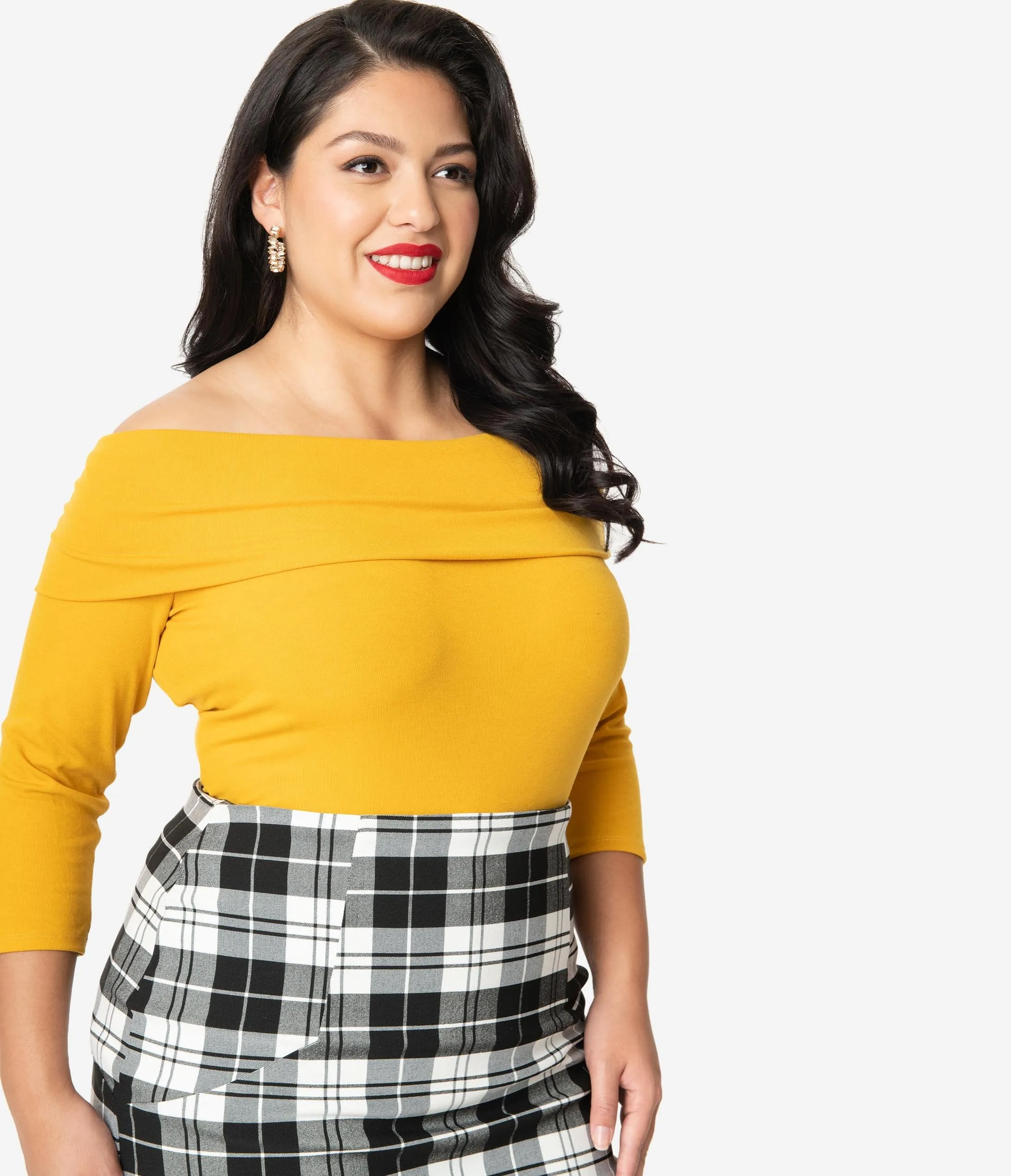 Unique Vintage Plus Size Mustard Off Shoulder Cowl Nina Top