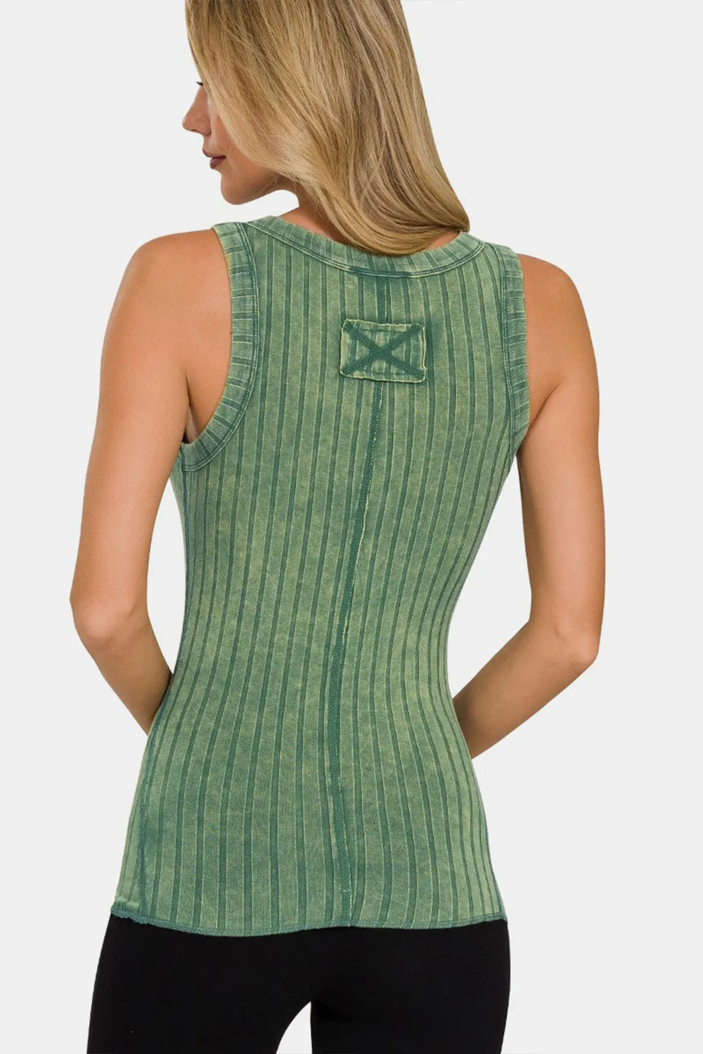 Washed Green Ribbed Half Snap Henry Tank