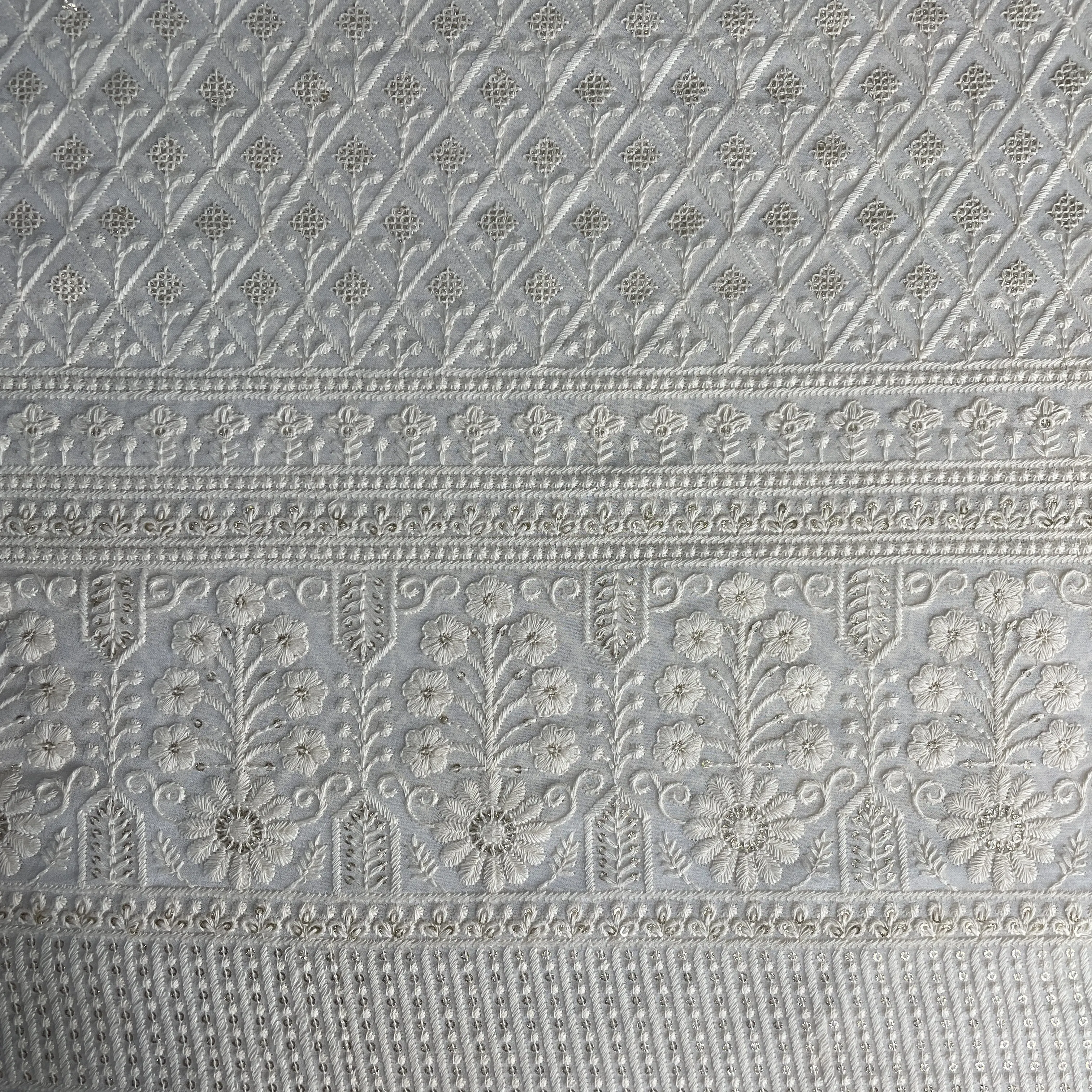 White Chikankari Thread Embroidery Dyeable Georgette Fabric 19691