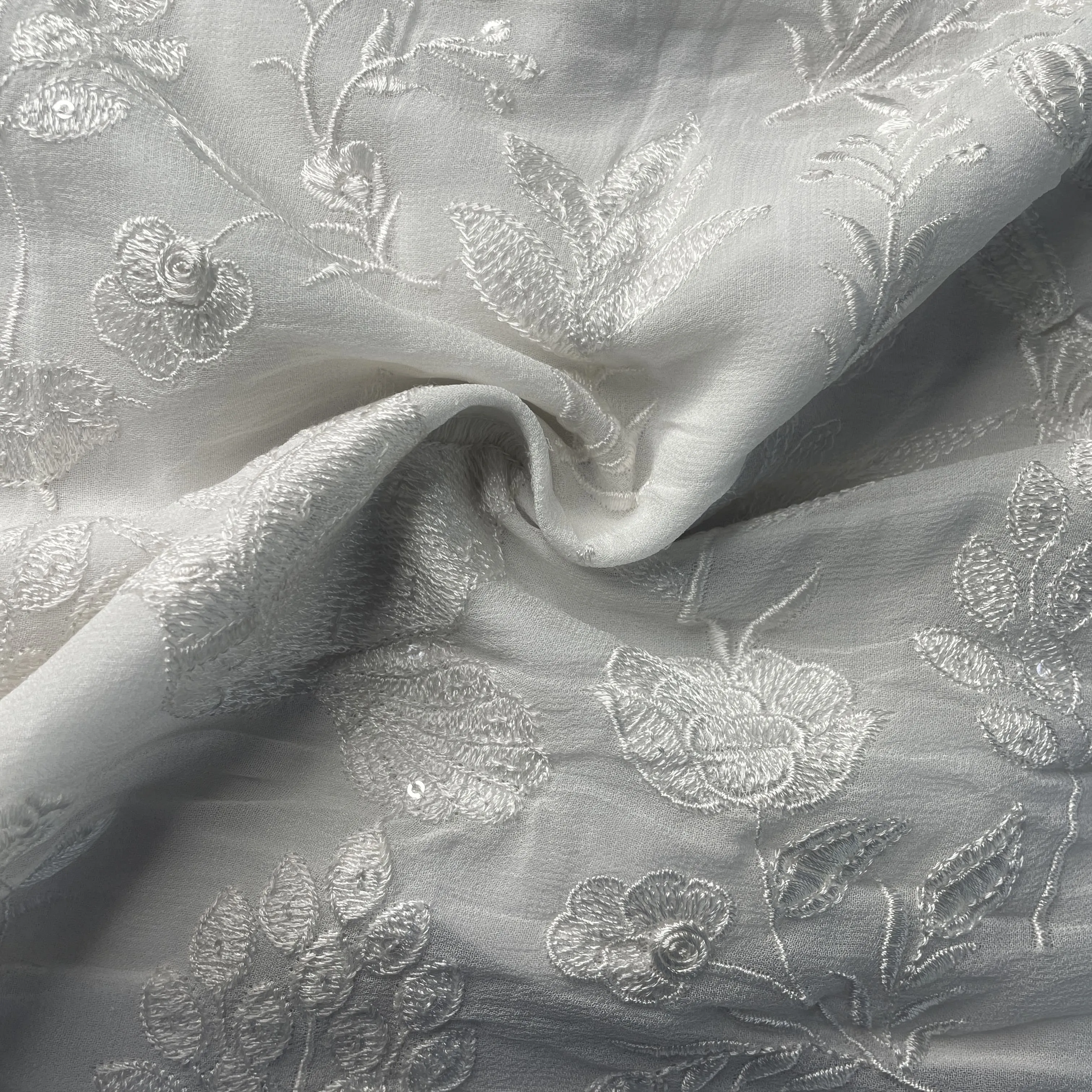 White Thread Embroidery Dyeable Georgette Fabric 19882