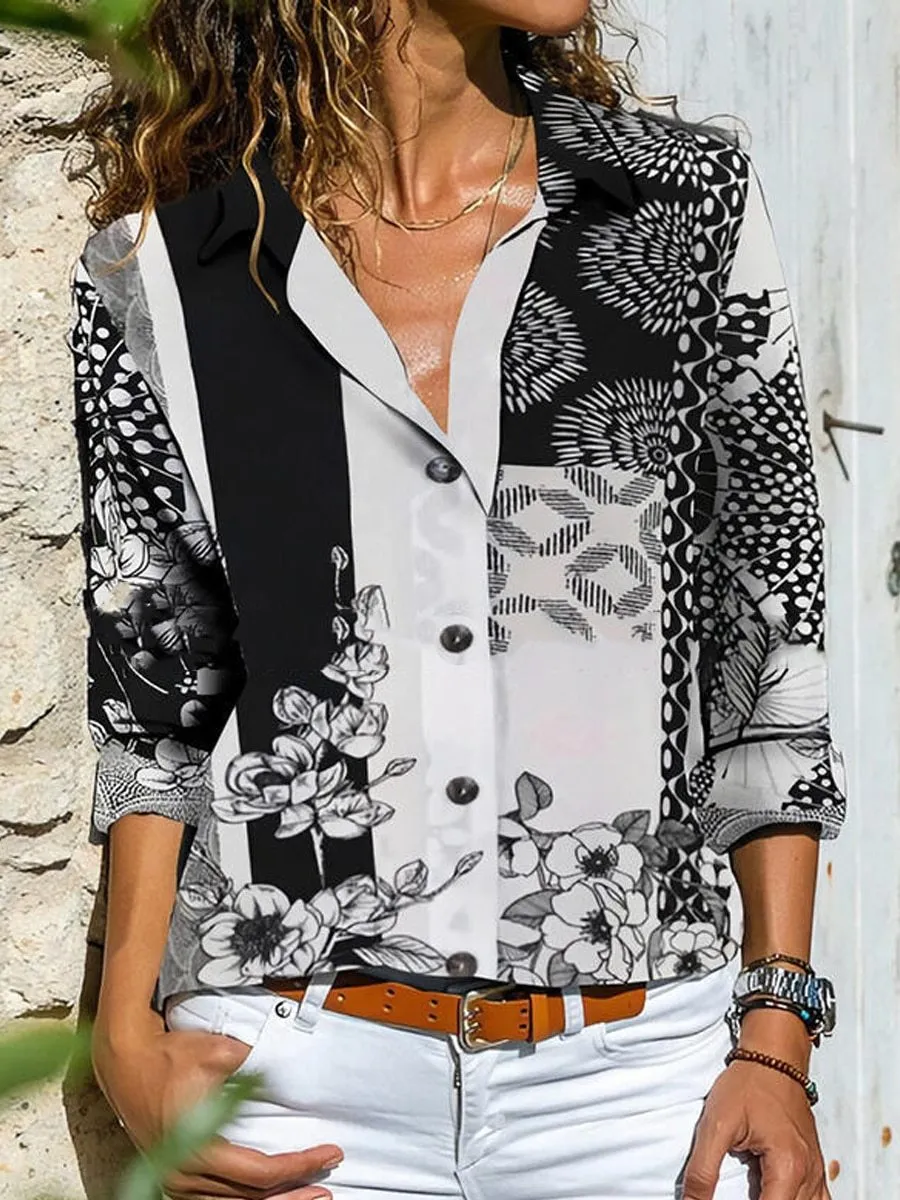 Women Casual Floral Print Design Long Sleeve Shirt