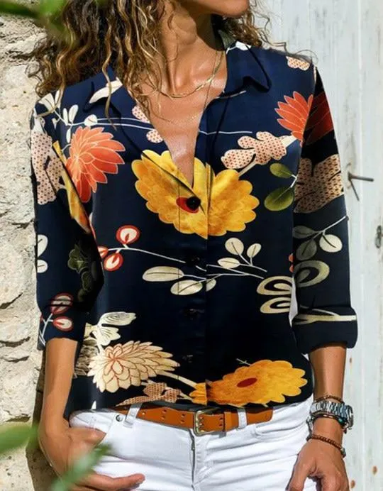 Women Casual Floral Print Design Long Sleeve Shirt