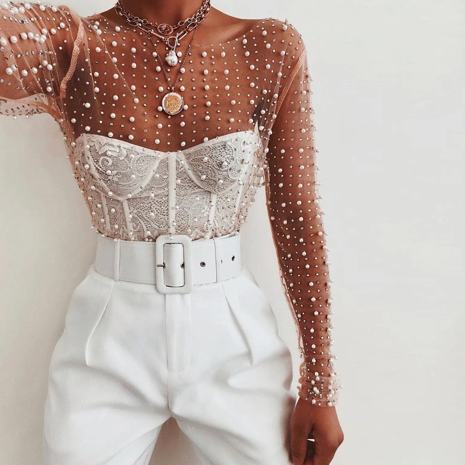 Women Slim Fit Mesh See-Through Patchwork Rhine Stones Pearl Crop Top