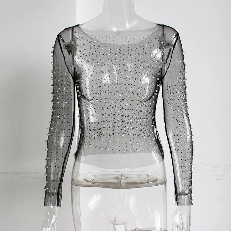 Women Slim Fit Mesh See-Through Patchwork Rhine Stones Pearl Crop Top