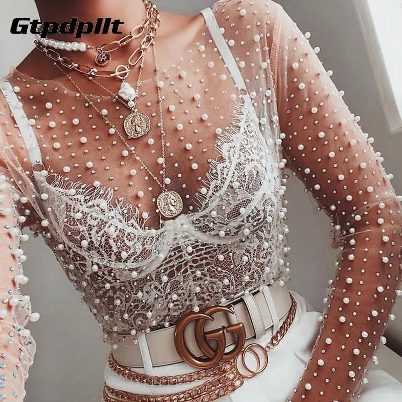 Women Slim Fit Mesh See-Through Patchwork Rhine Stones Pearl Crop Top