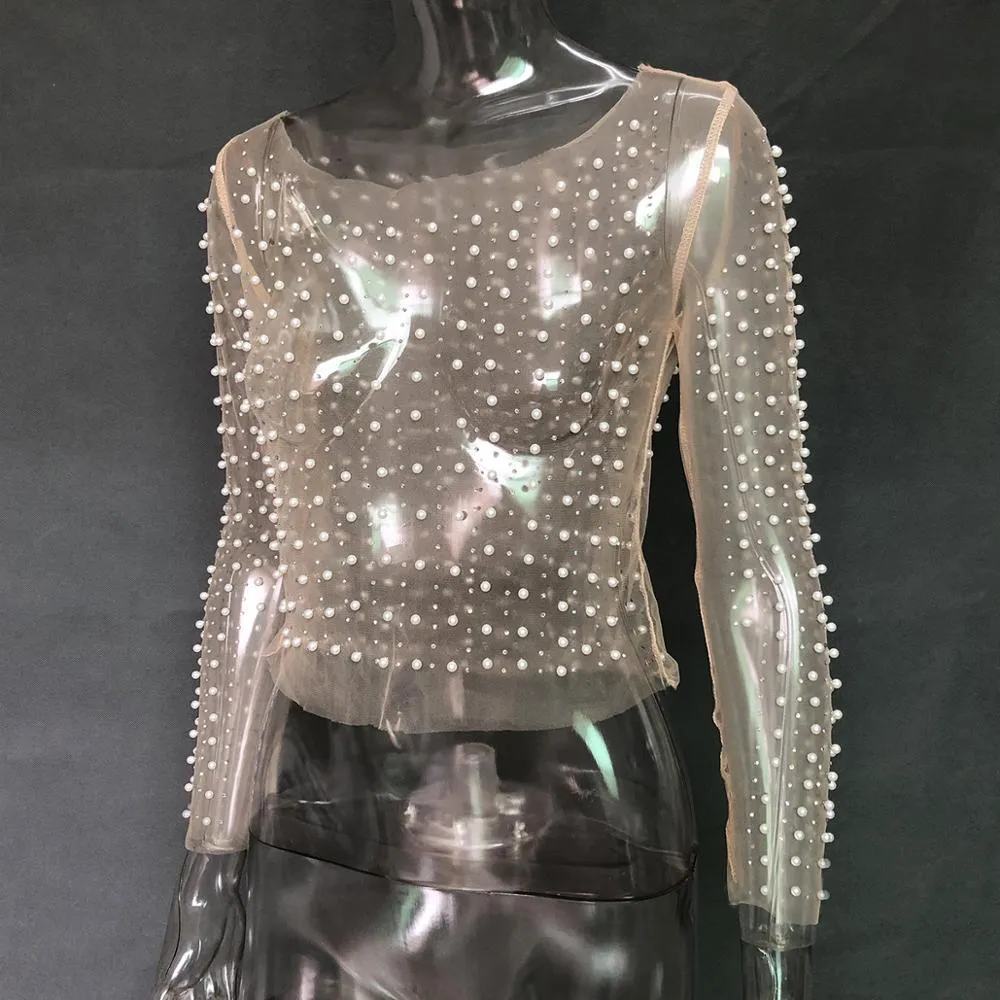 Women Slim Fit Mesh See-Through Patchwork Rhine Stones Pearl Crop Top