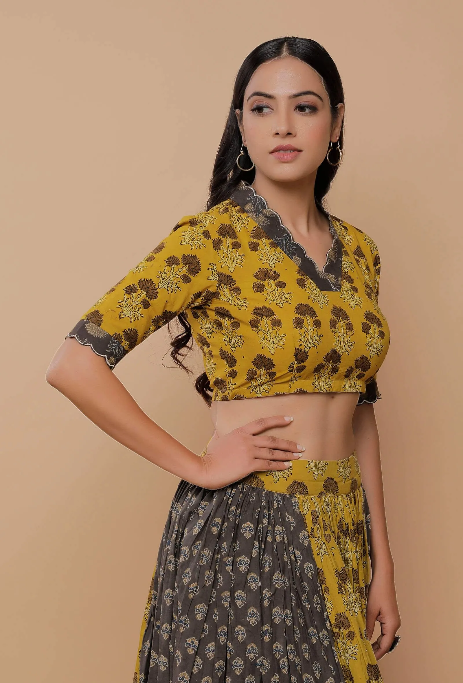 Yellow And Grey Handblock Printed Ajrakh Creative V Neck Blouse