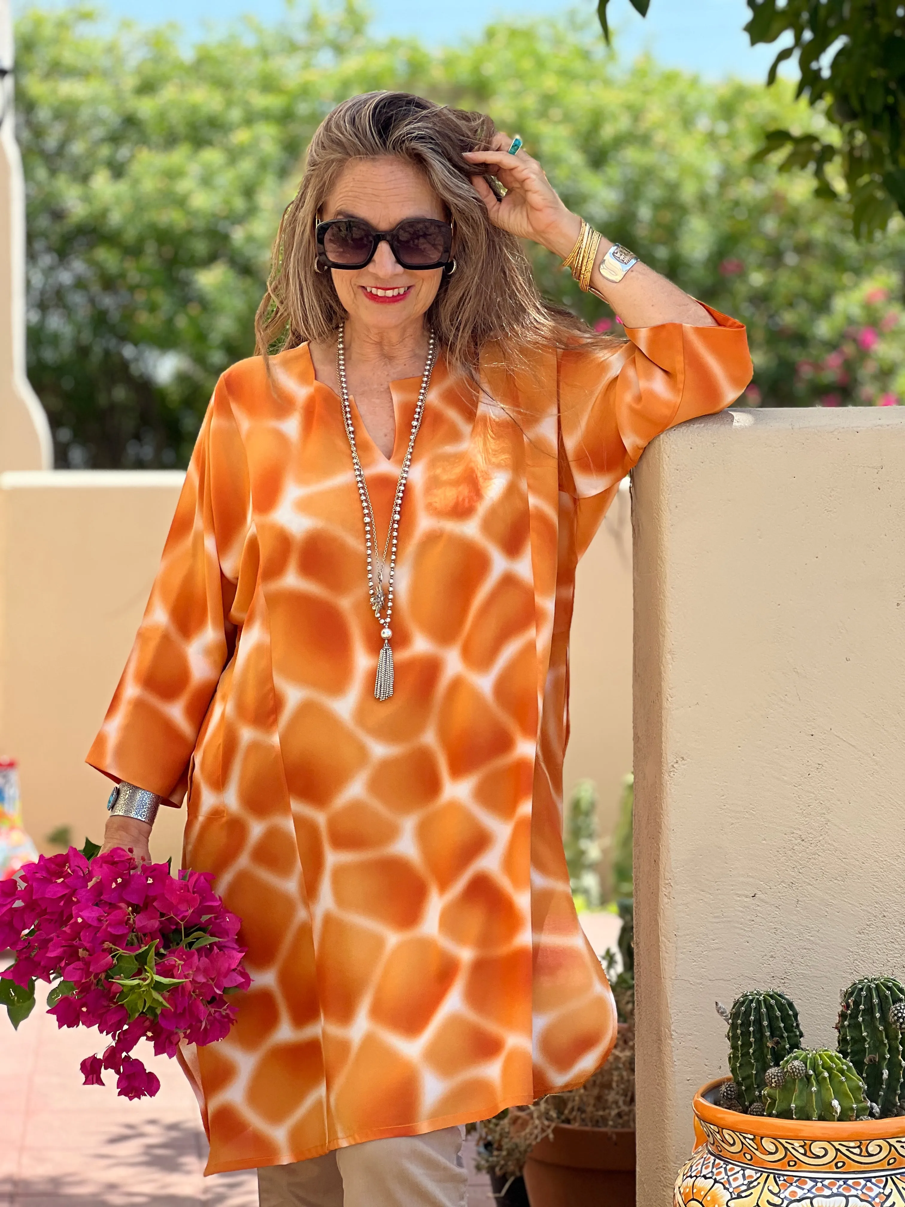 Zirafa Giraffa Orange Italian silk Tunic